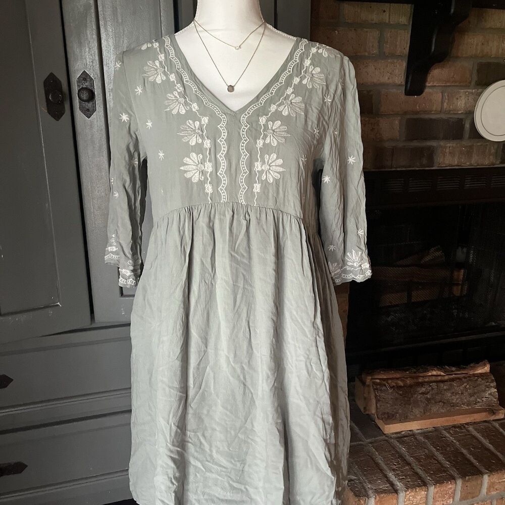 Bohme Cottagecore Sage Embroidered Midi Dress Pocketed Prairie Babydoll Dress S